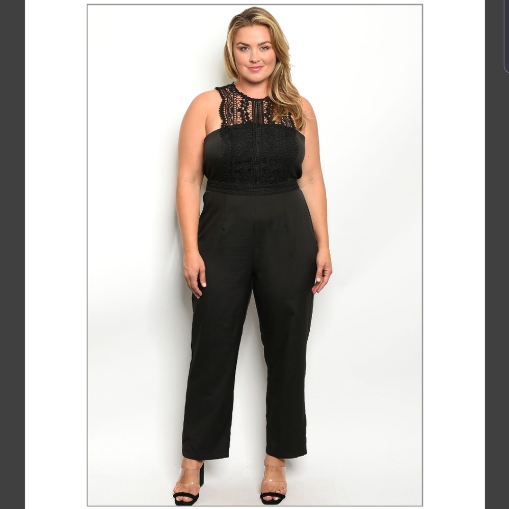 PLUS Black Sleeveless Jumpsuit w/ Crochet Bodice